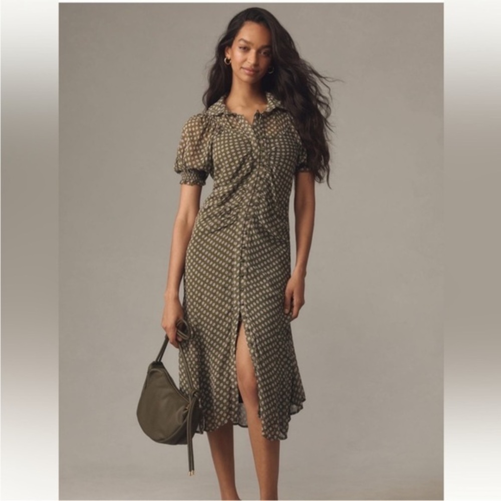 Anthropologie Olive Green Printed Midi Dress